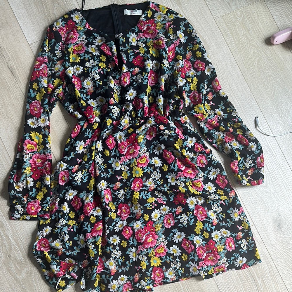 Floral women’s Dress - Black with Pink and Yellow Flowers
